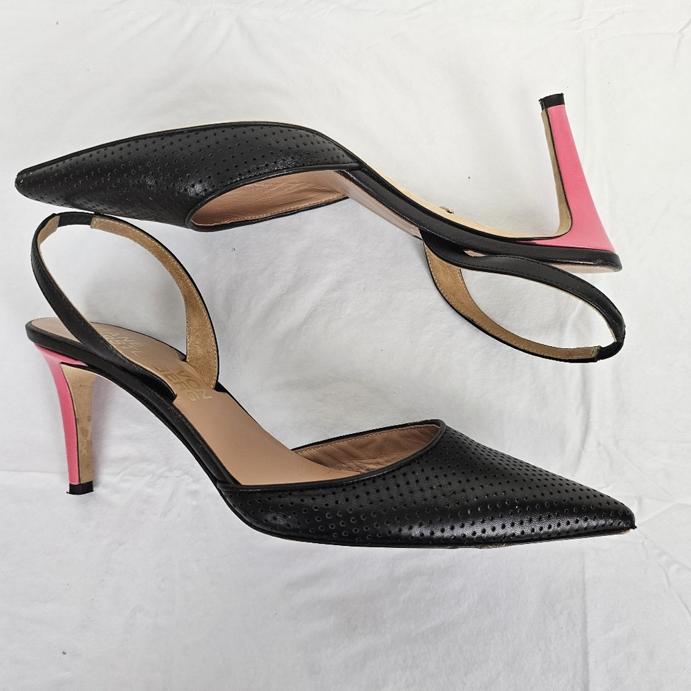Diane Von Furstenberg Shoes Leather Black Slingback Pink Accent Heels Italy 8.5